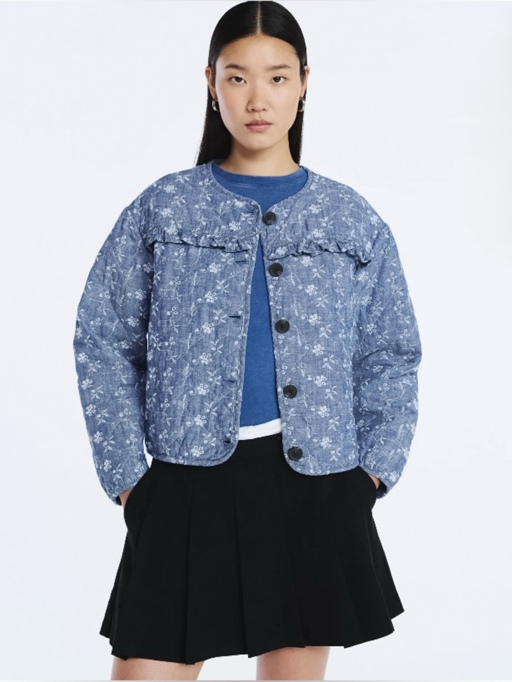 Scoop Puff Sleeve Eyelet Jacket Quilted Cotton Embroidered Floral NWT